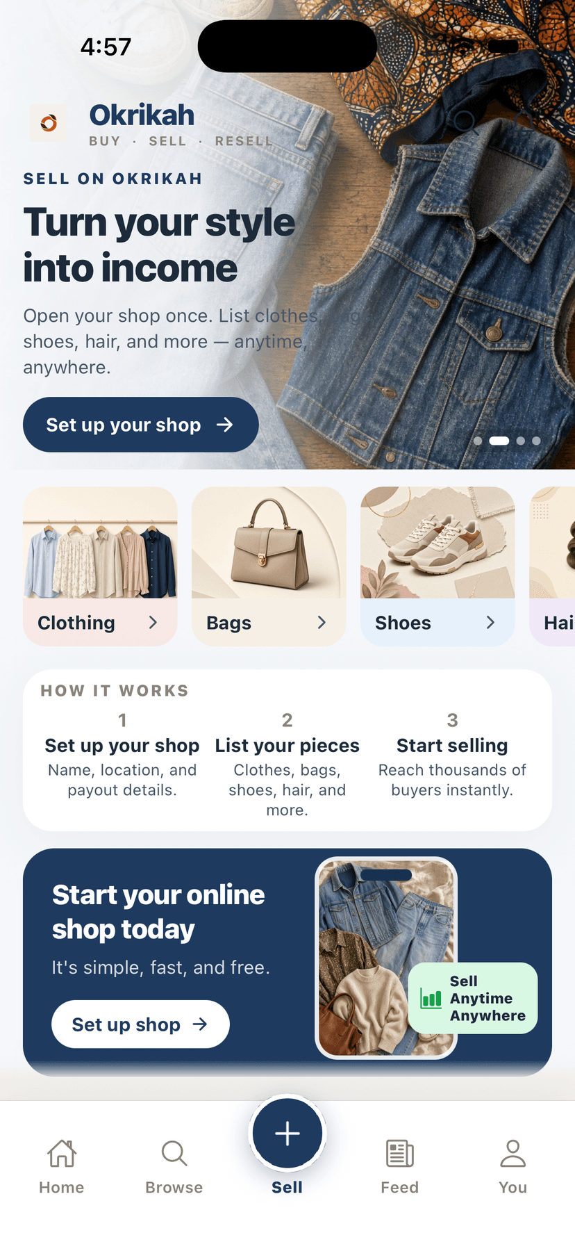 Sell on Okrikah shop setup screen